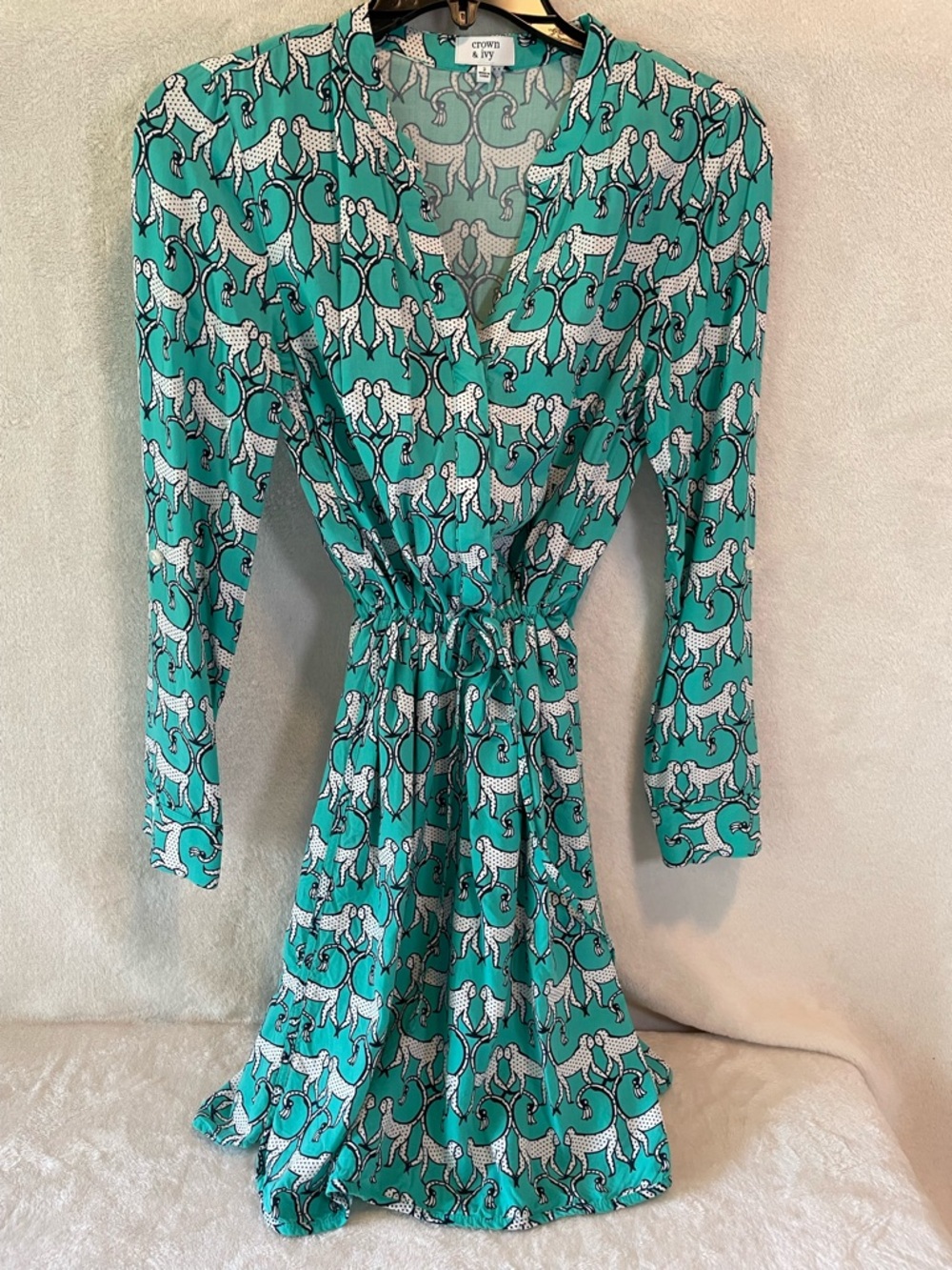 crown & ivy Teal Dress with White and Black Monkey Motif